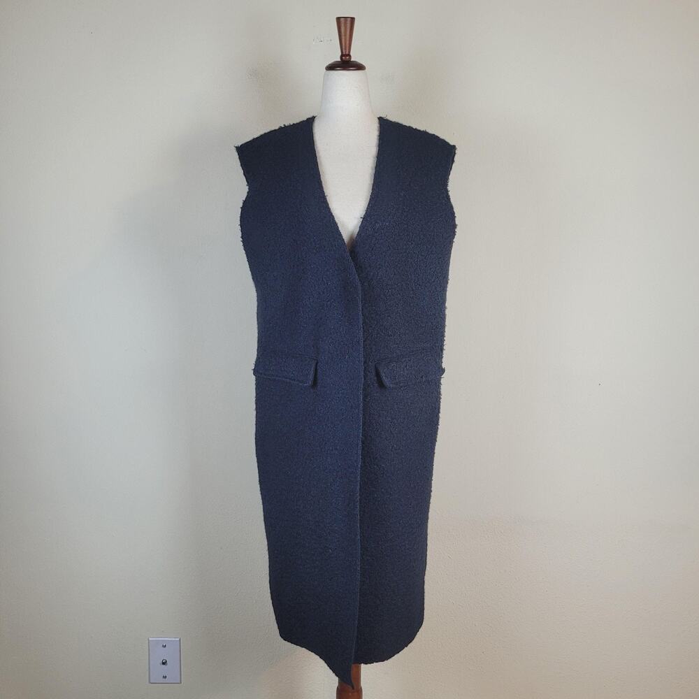 Zara Vest Medium Navy Blue Long Collarless Boucle Tweed Minimalist Longline Chic
